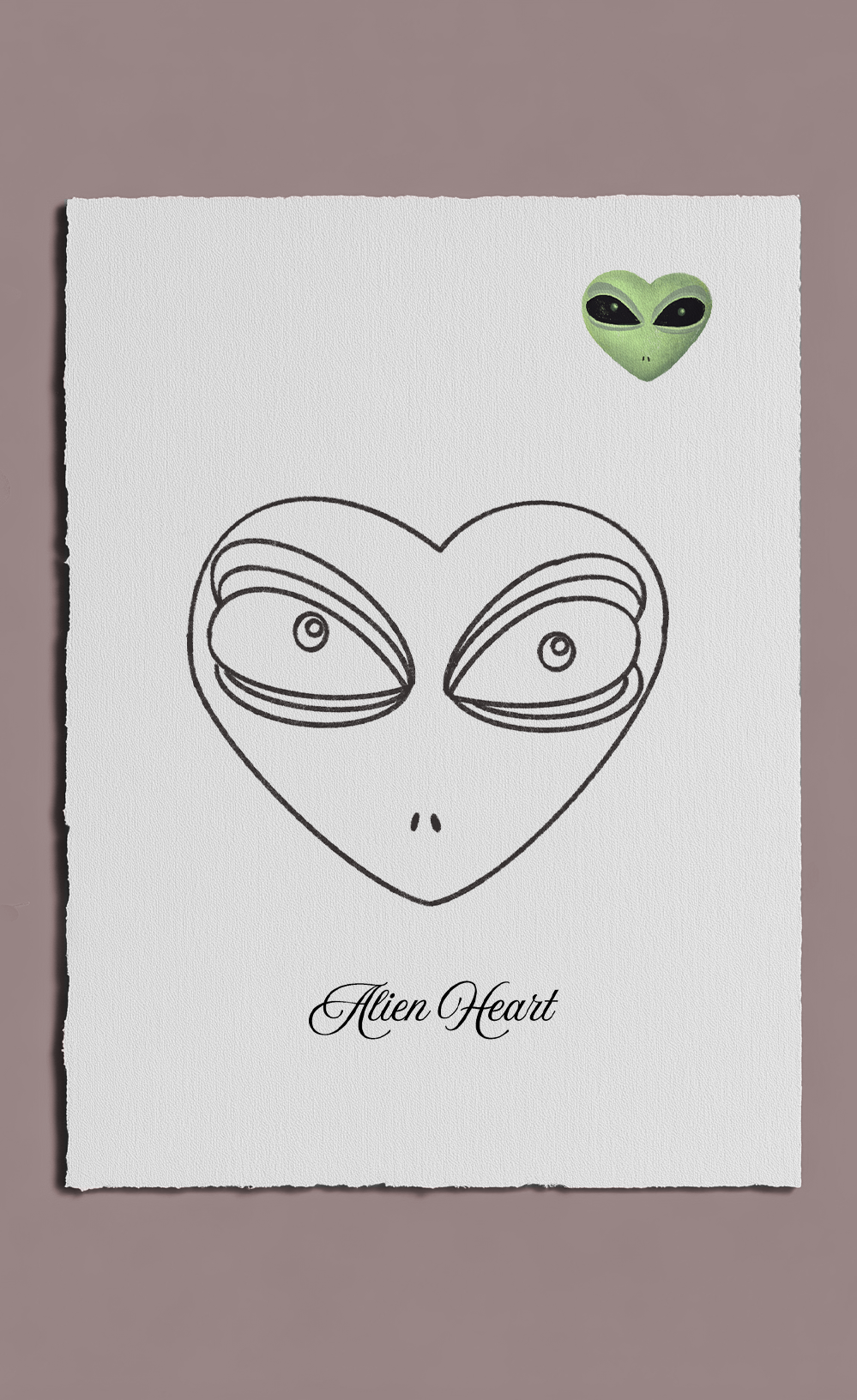 Heart-shaped alien face design with 'Alien Heart' text on a white background