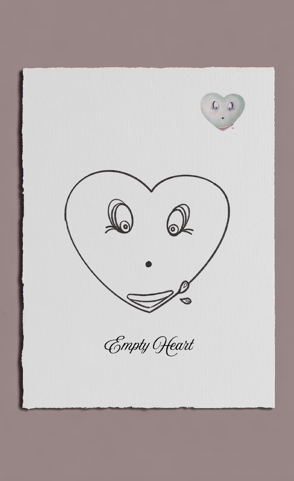 Heart-shaped face drawing with eyes and a mouth on a white card, with a heart-shaped object attached, on a beige background.