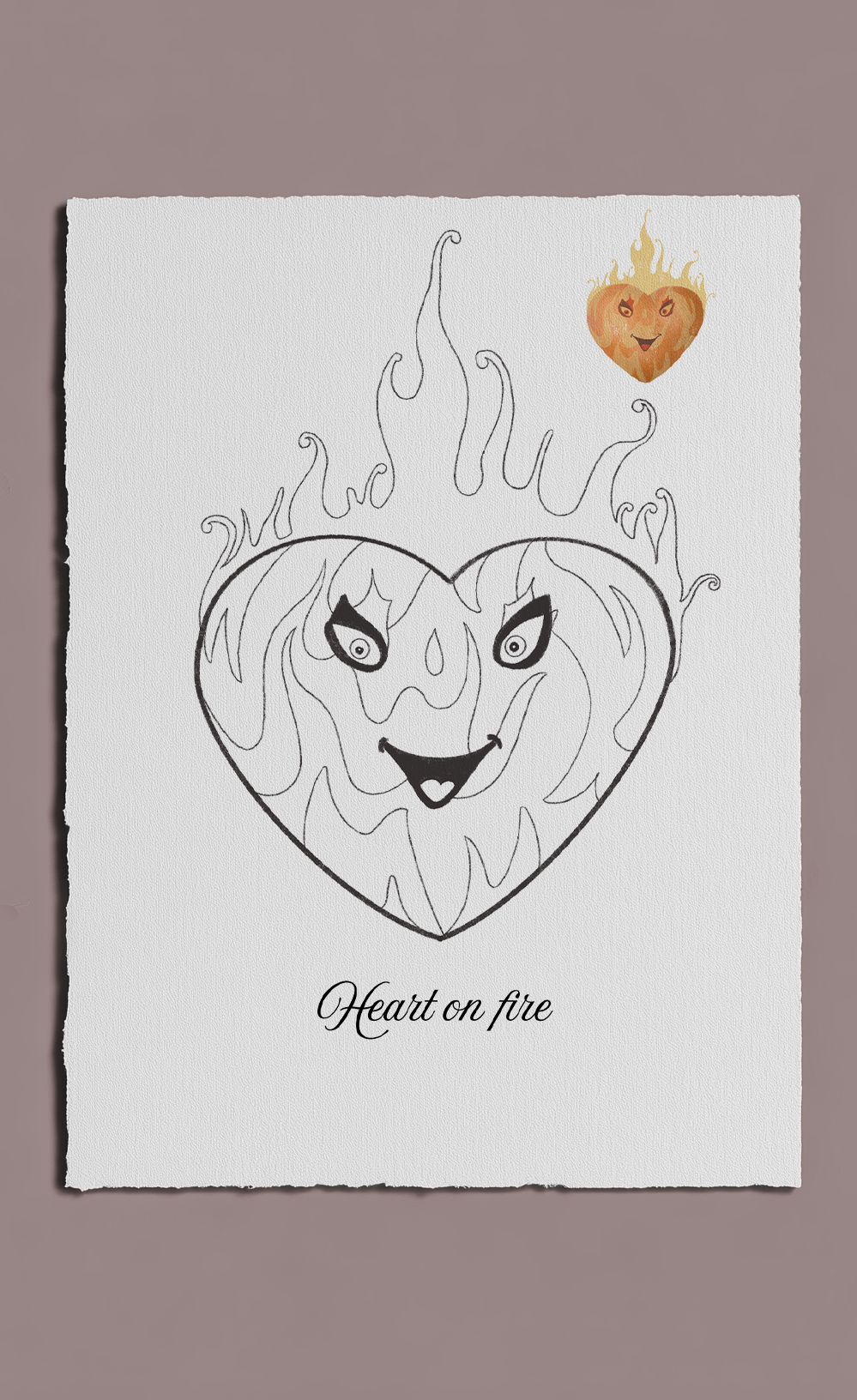 Heart with flames and a face, labeled 'Heart on fire', on a white background.