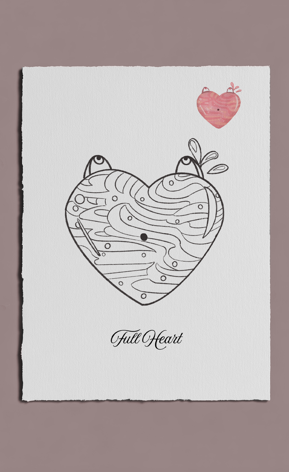 Heart-shaped design with wavy patterns and a small pink heart above on a white background.