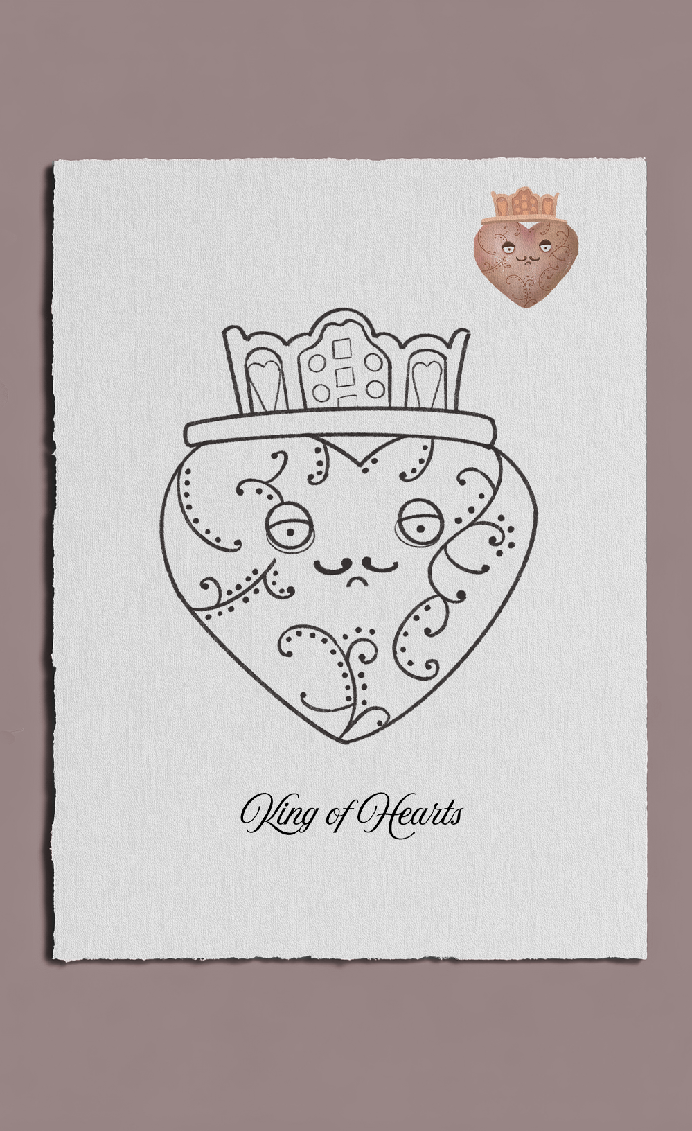 Illustration of a heart with a crown and 'King of Hearts' text on a white background