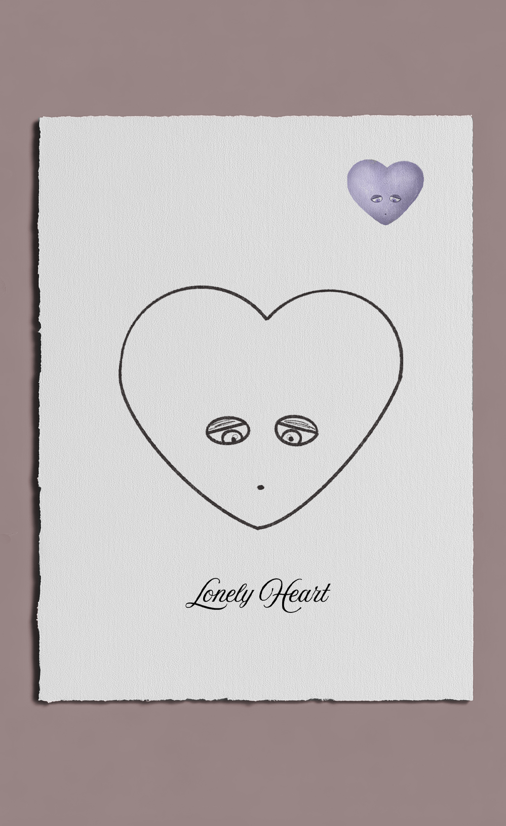 Heart-shaped face illustration with eyes and a mouth on a white background, labeled 'Lonely Heart'.