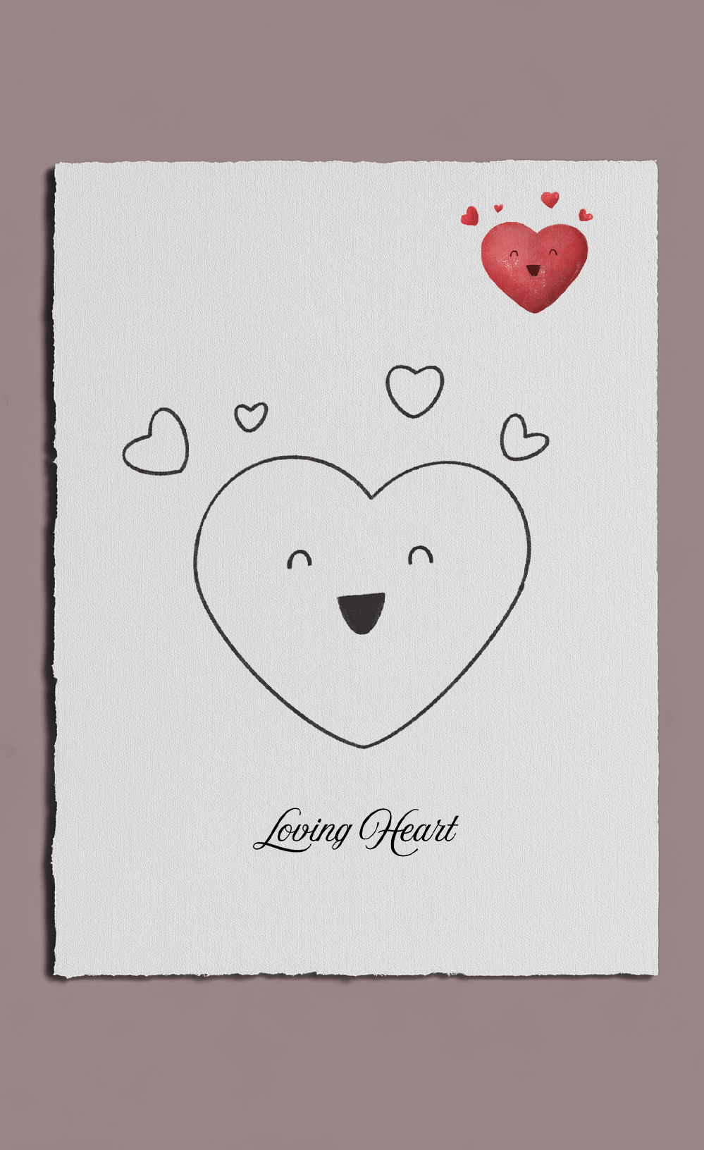 Heart-shaped character with a smiley face and small hearts on a white background