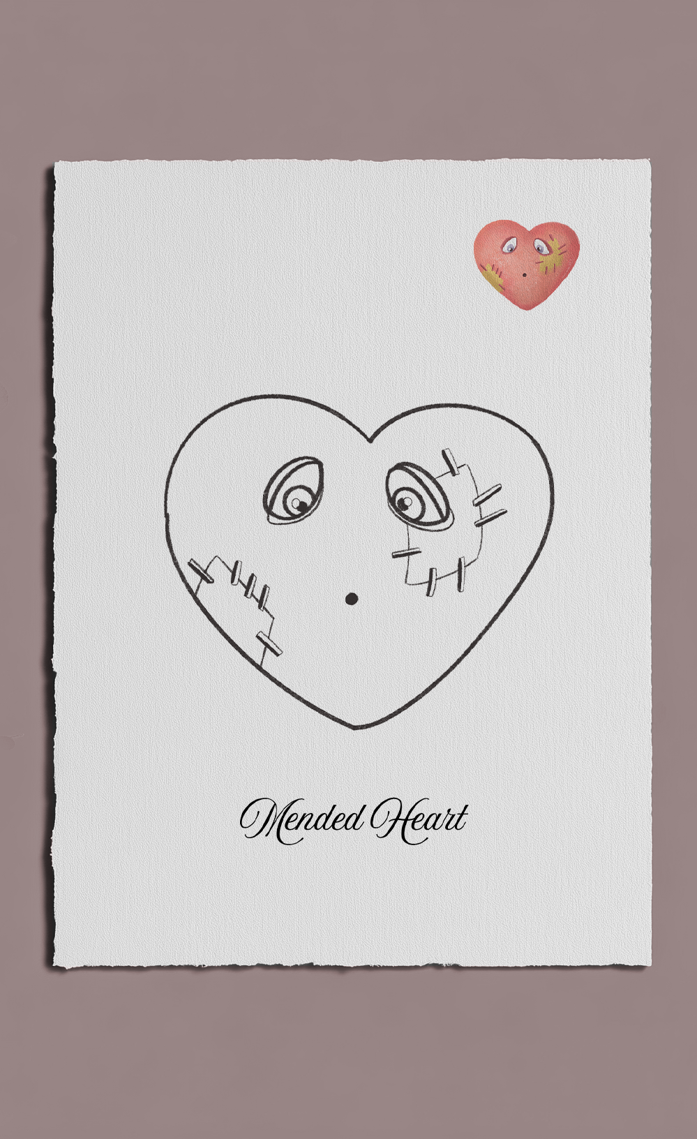 Heart-shaped face with stitched details and a small heart above on a white background