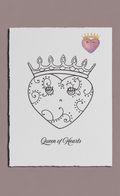 Decorative heart with a crown and 'Queen of Hearts' text on a white background