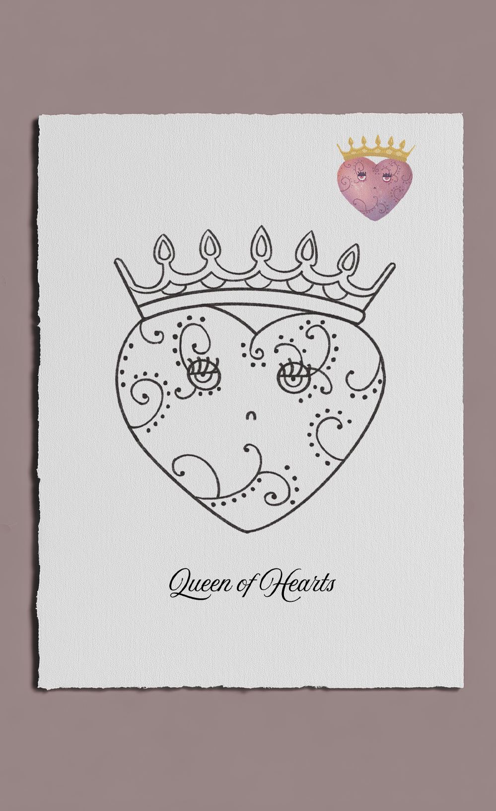 Decorative heart with a crown and 'Queen of Hearts' text on a white background