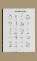 Sheet of illustrations of vegetables with faces on a beige background