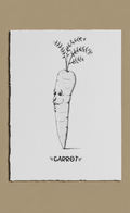 Illustration of a carrot with facial features on a beige background