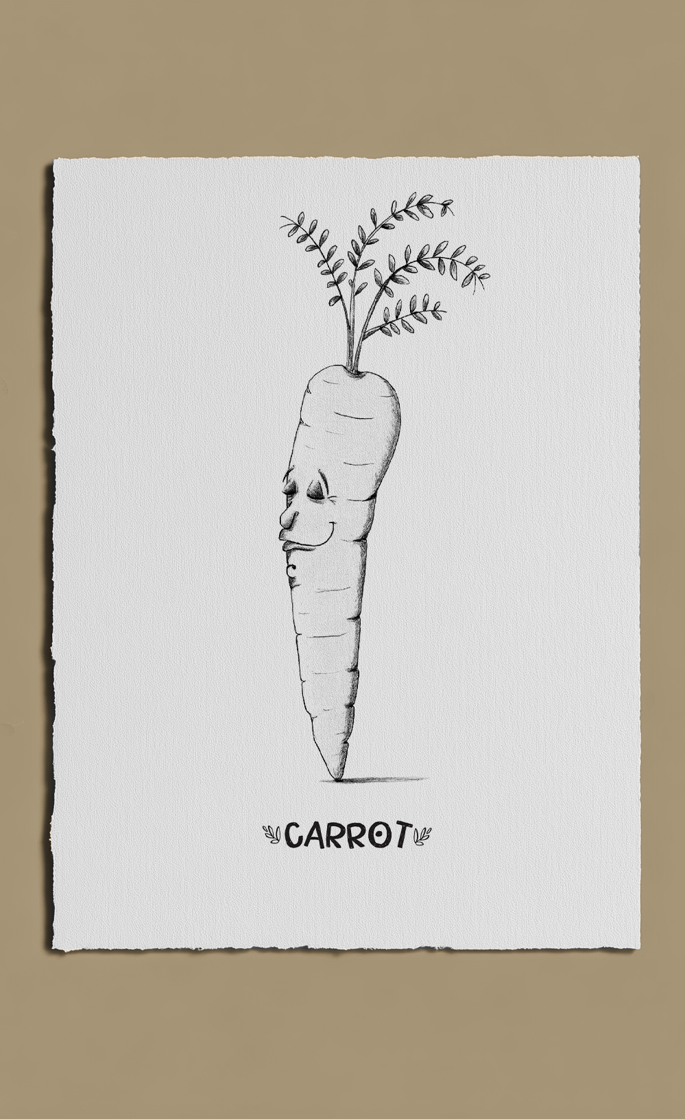 Illustration of a carrot with facial features on a beige background