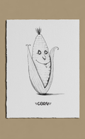 Cartoon-style drawing of a corn with a face on a white background