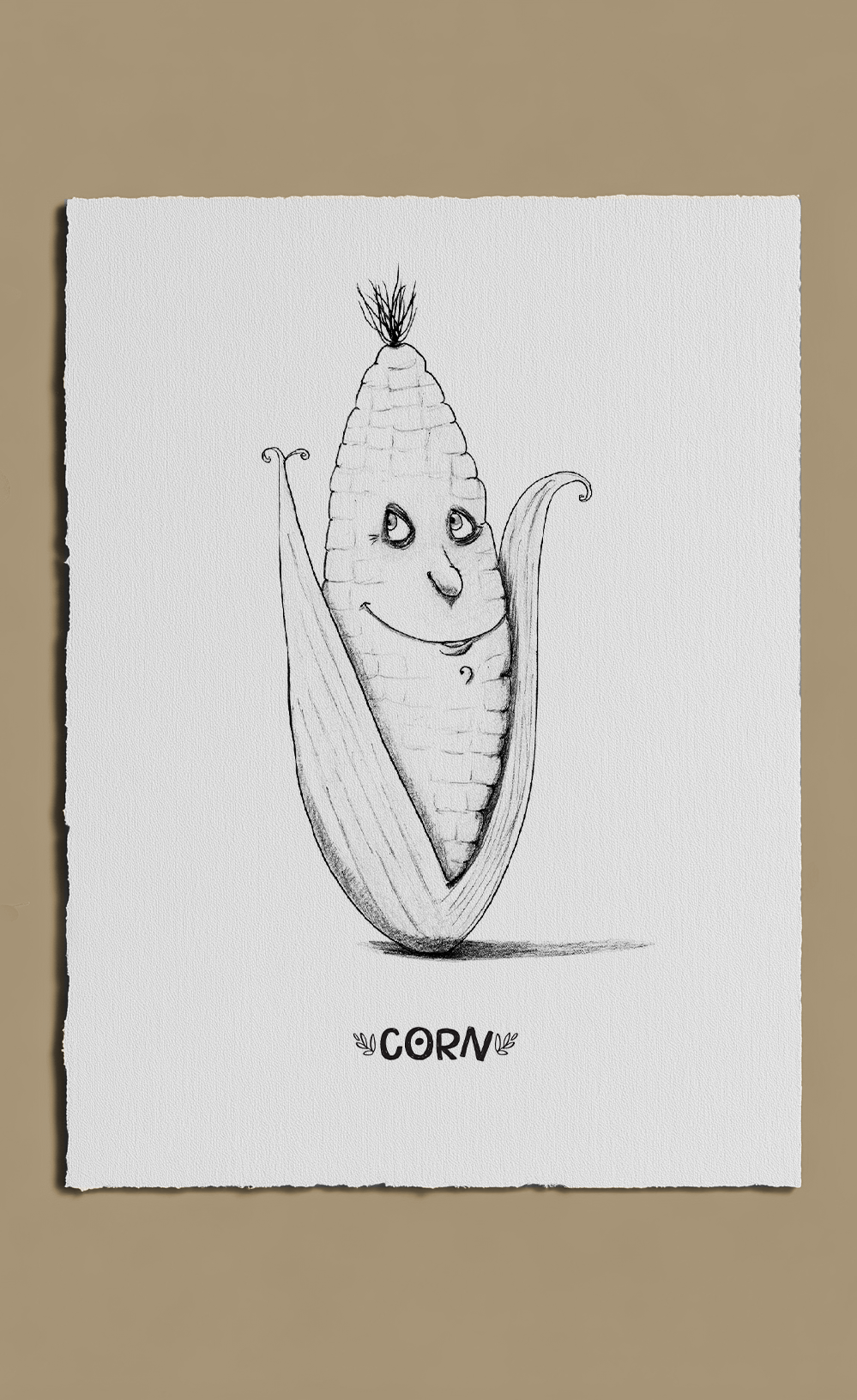 Cartoon-style drawing of a corn with a face on a white background