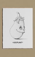Cartoon-style drawing of an eggplant with a face on a white background