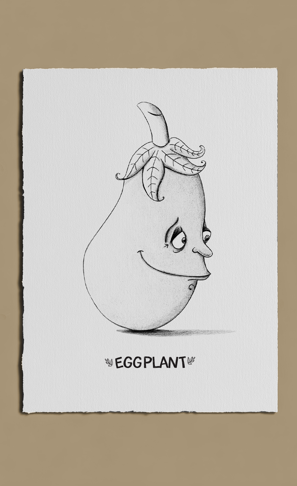 Cartoon-style drawing of an eggplant with a face on a white background