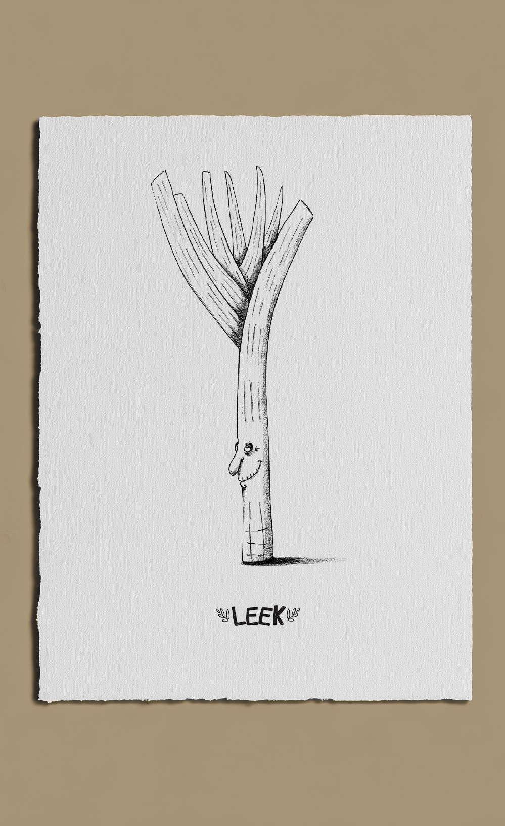 Black and white illustration of a leek on a beige background