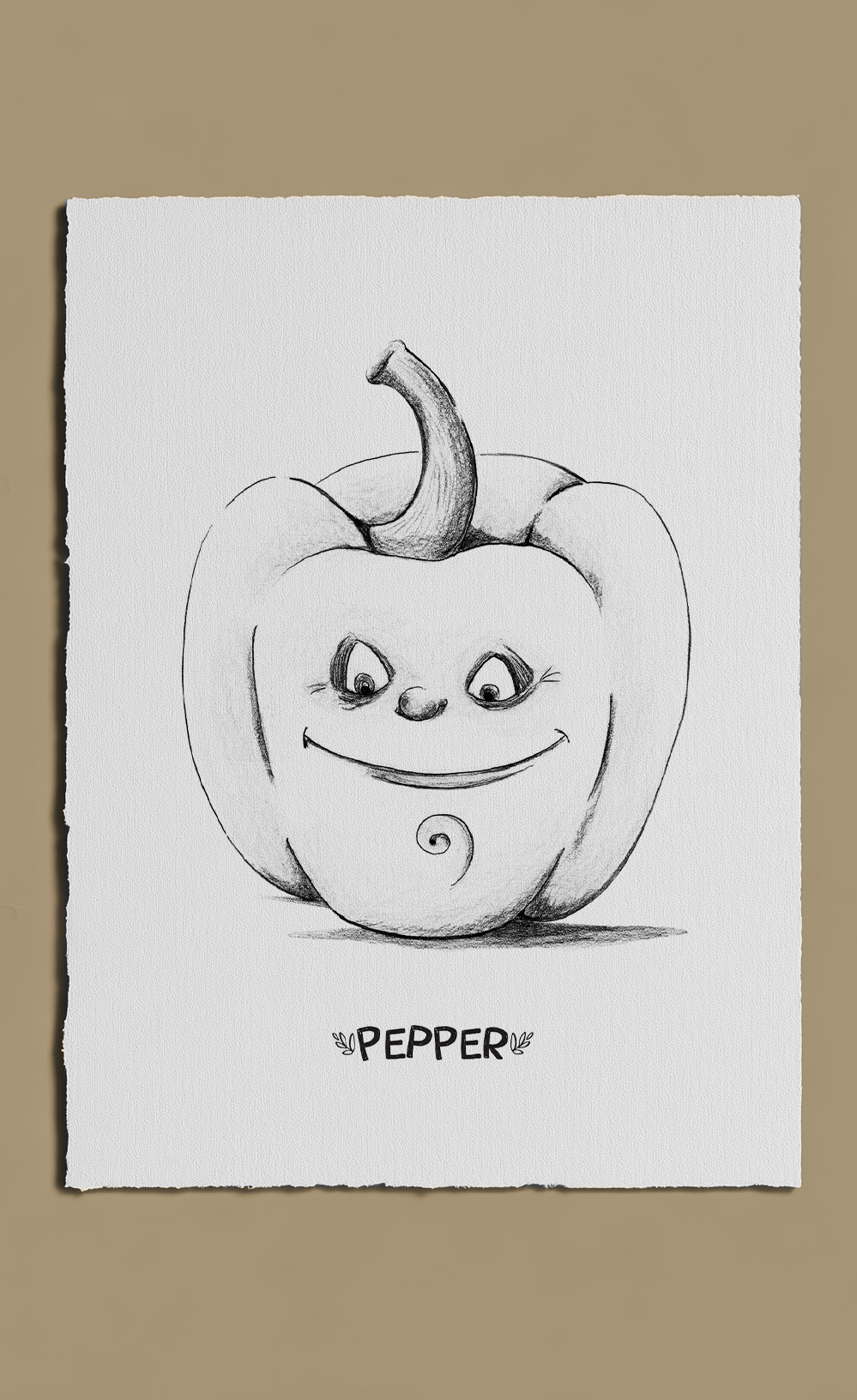 Pencil drawing of a smiling pepper on a white background