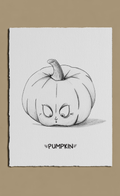 Pencil drawing of a pumpkin with a sad expression on a white background