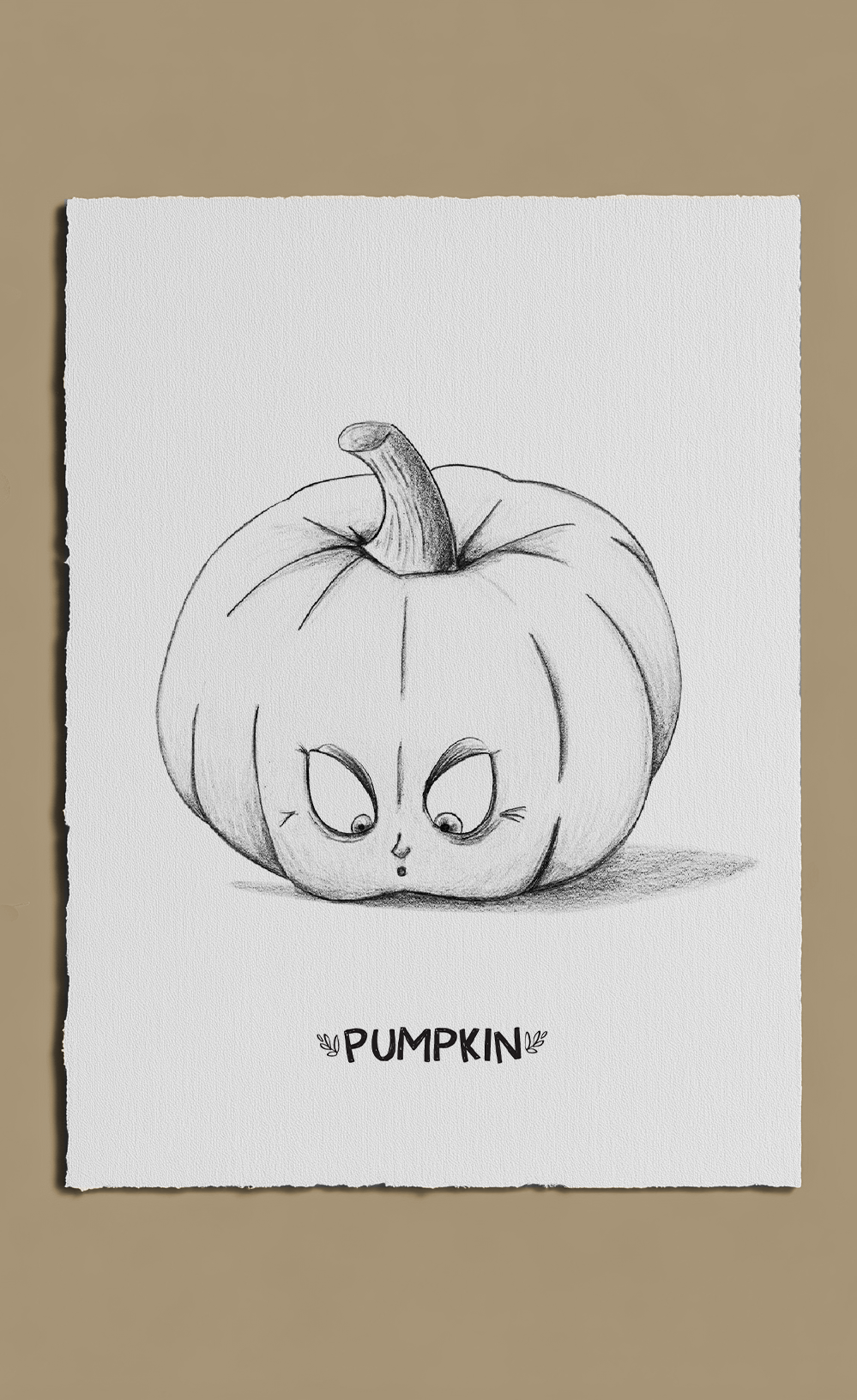 Pencil drawing of a pumpkin with a sad expression on a white background