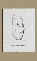 Cartoon-style sweet potato with a face on a white background